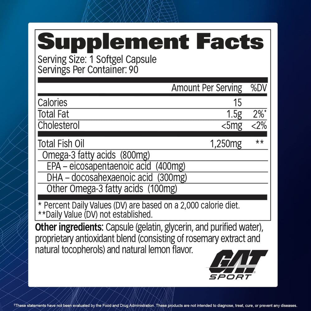 Label highlights 800mg Omega-3 and 1,250mg Fish Oil per serving