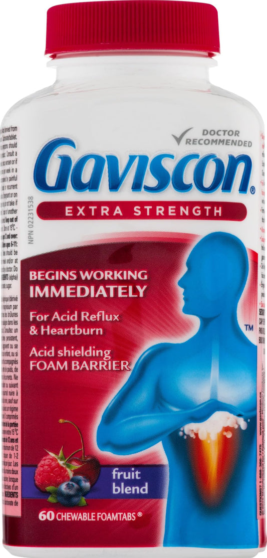 Gaviscon extra-strength fruit antacid tablets packaging on shelf for on-the-go relief