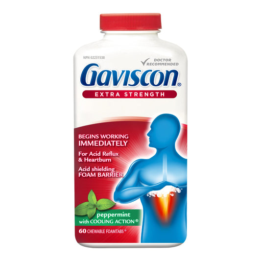 Gaviscon Extra Strength Peppermint packshot shows minty relief on the go.