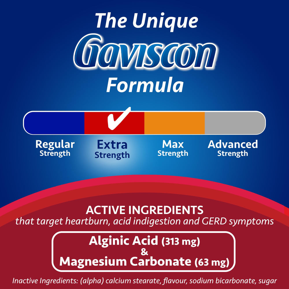 Gaviscon fruit-flavour chewable tabs close-up highlighting convenient daytime relief
