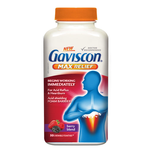 Gaviscon Max Berry tablets bottle shown for on-the-go heartburn relief.