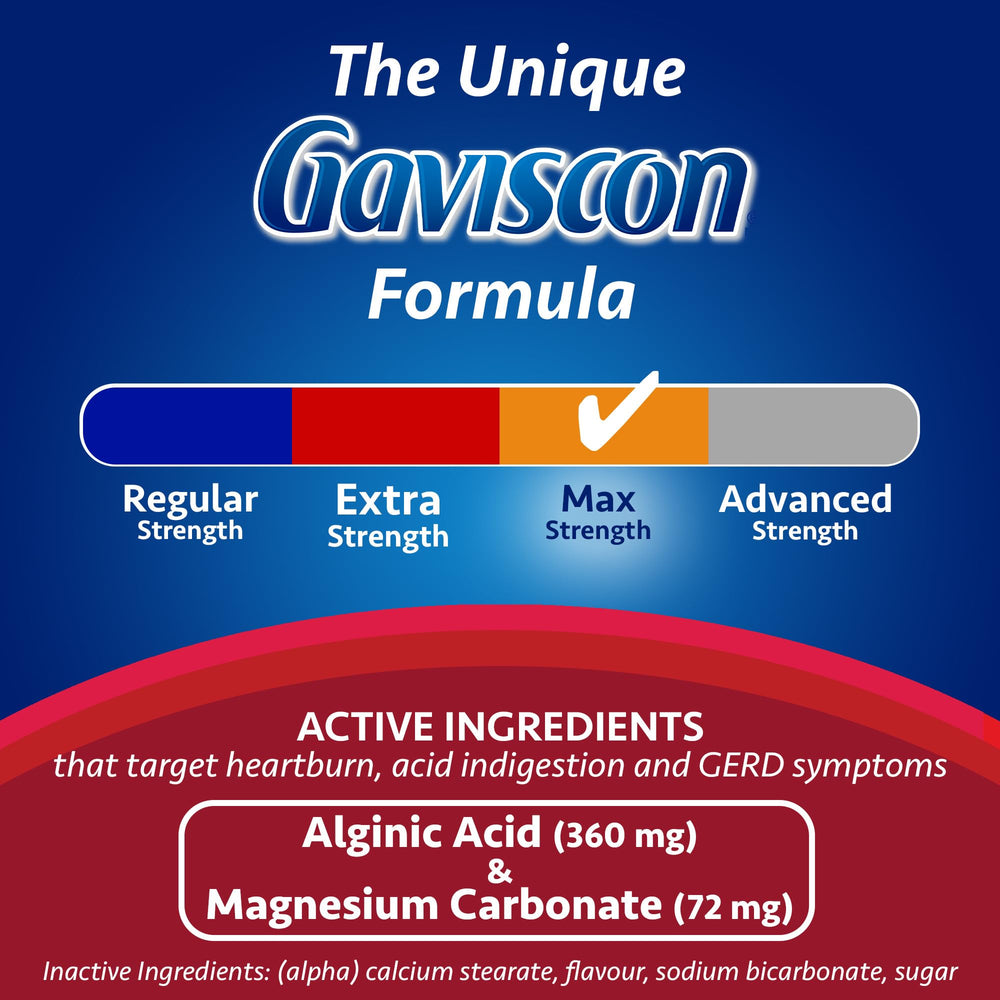 Gaviscon Max Berry Foamtabs closeup showing quick-acting foam barrier.