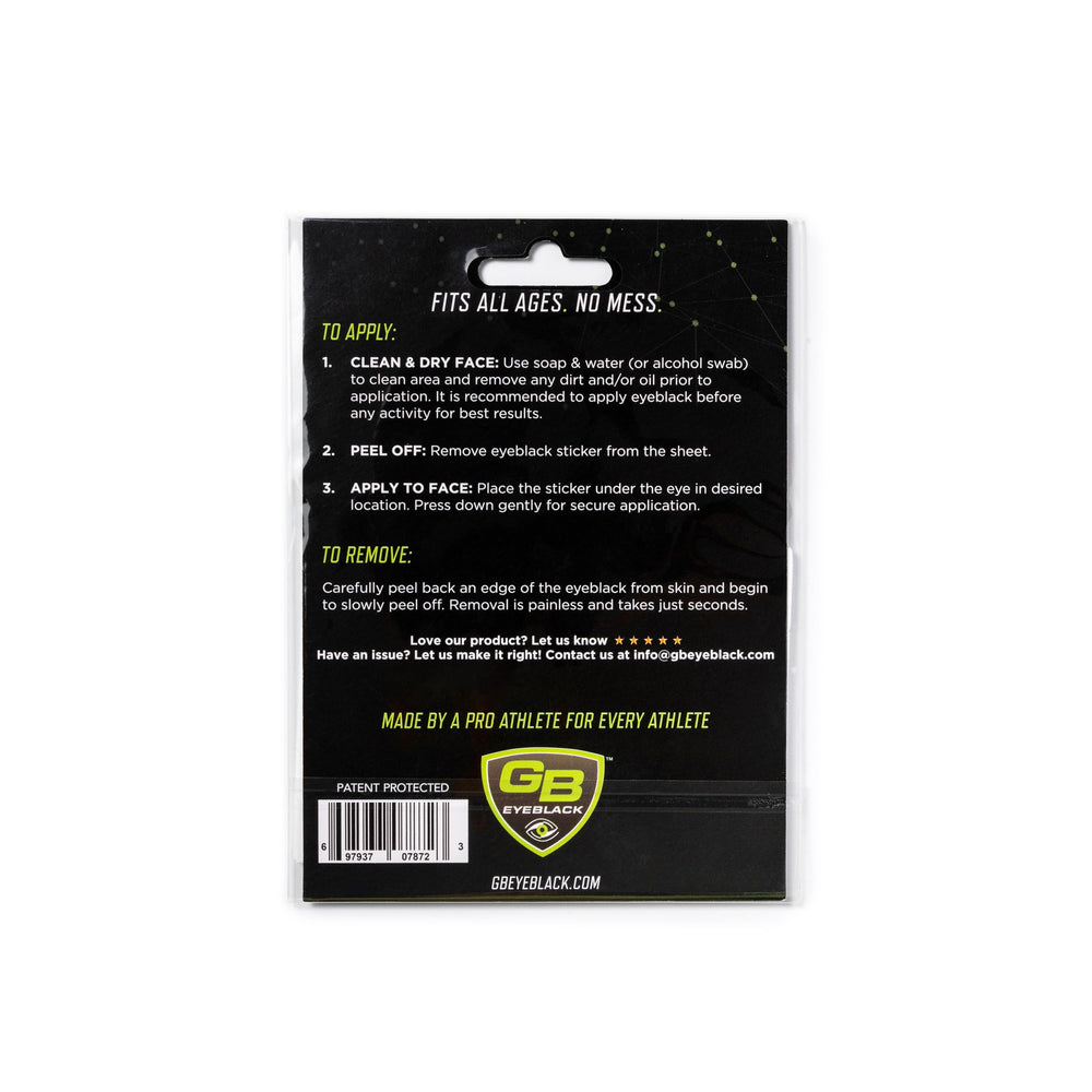 GB Eyeblack durable adhesion that lasts through perspiration.
