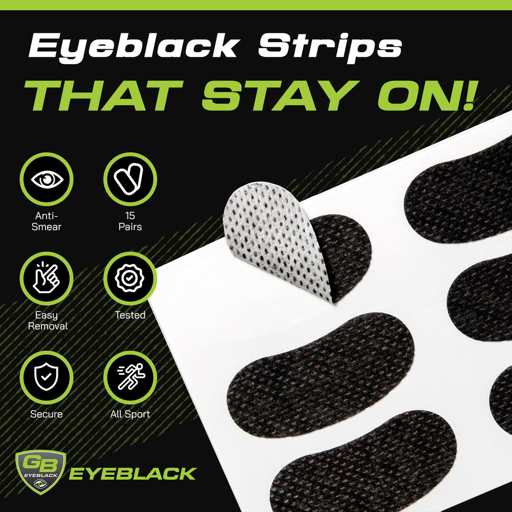 GB Eyeblack peel-and-stick eye black strips for mess-free wear.