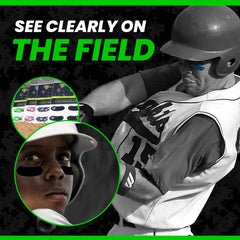 GB Eyeblack purple camo eye black stickers applied to skin for glare reduction during activity