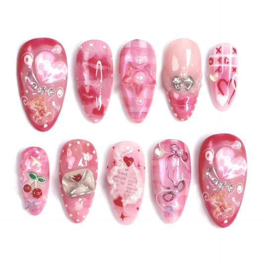 GCSQW 30-piece pink valentines press-on nails, almond shape for salon-at-home wear