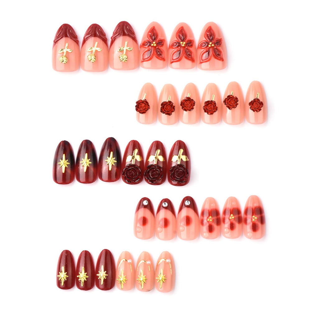 GCSQW red flower pattern nails for weddings, parties, and dates.