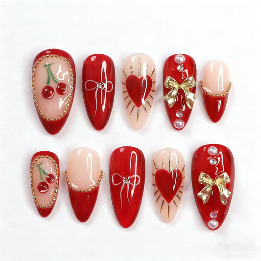 GCSQW red heart almond press-on nails with glossy finish for at-home manicure.