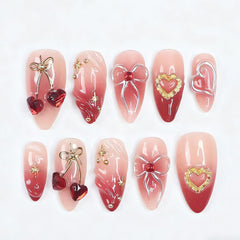 GCSQW valentines press-on nails almond medium with 3D heart bow design for date-night glam