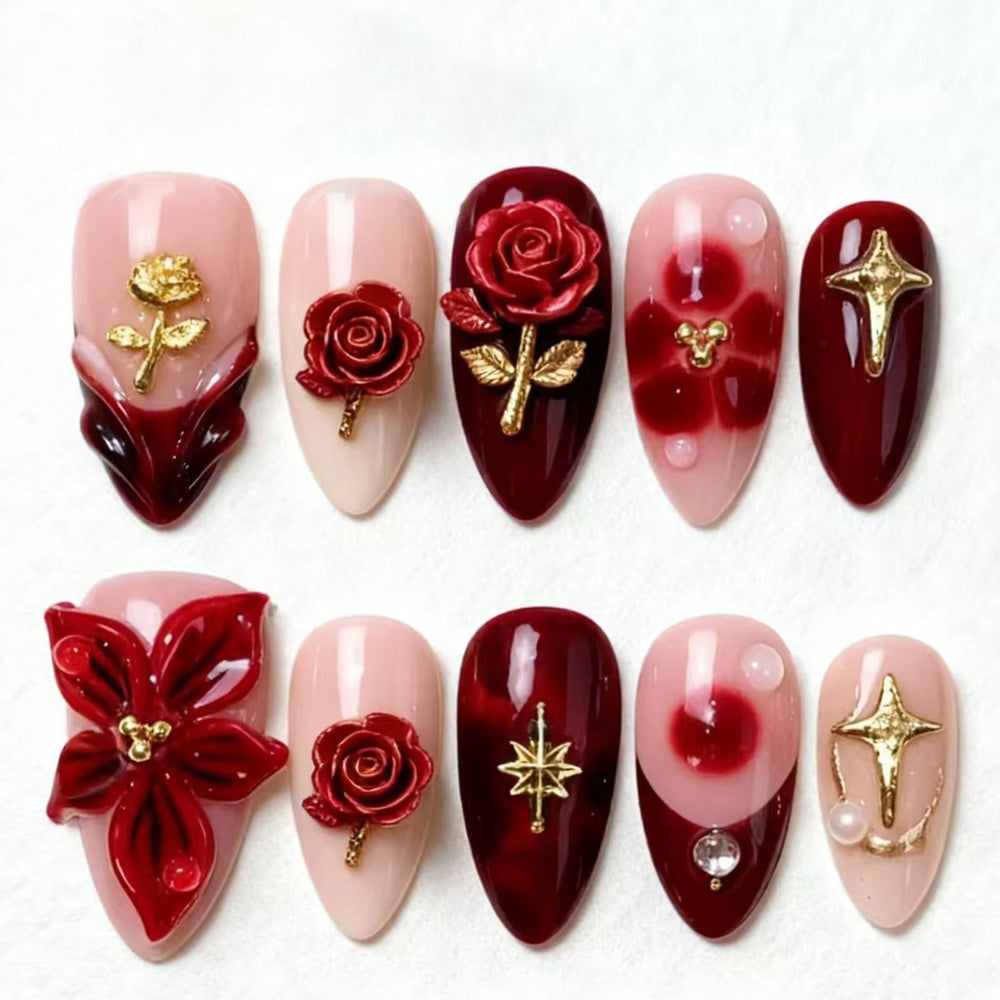 GCSQW valentines press-on nails with almond shape and rose design for elegant at-home manicure.