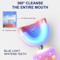 U-shaped brush heads surrounding teeth for 360° cleaning