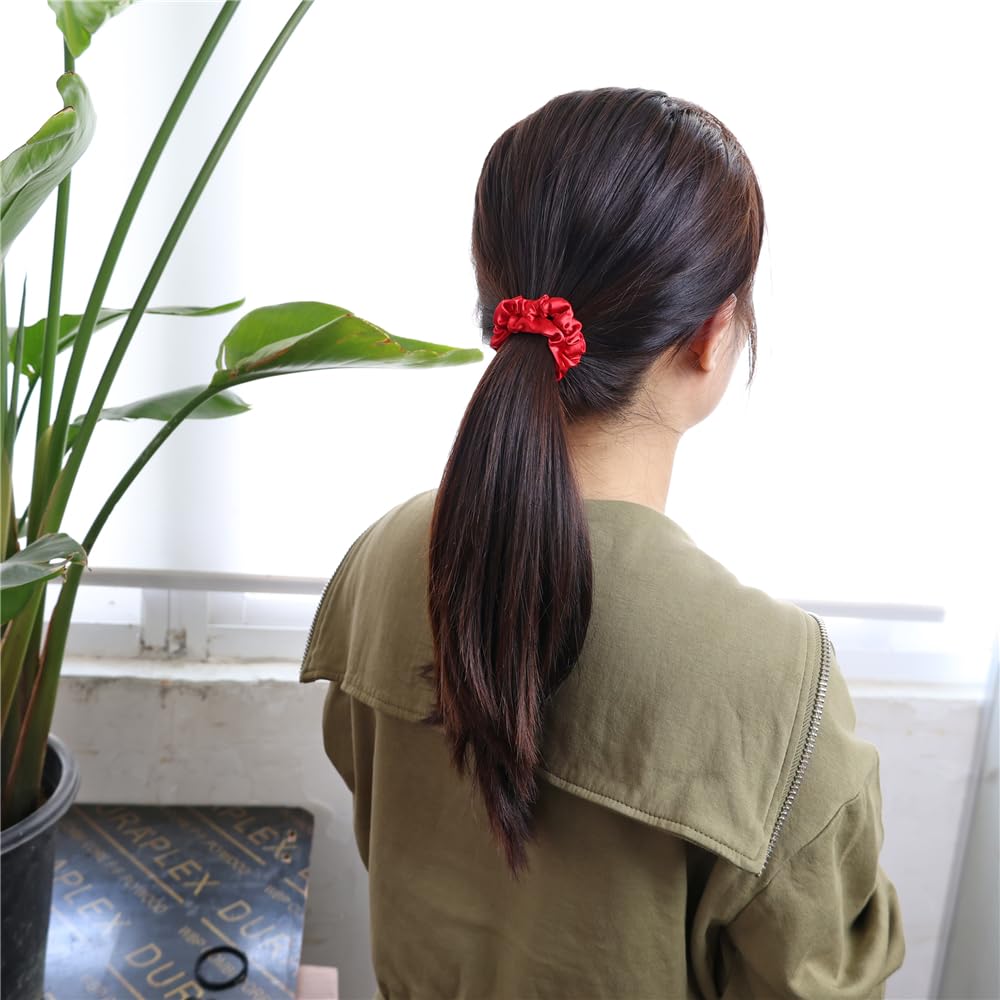 Gebelle skinny satin scrunchies red ponytail use demonstrates secure, comfortable hold.