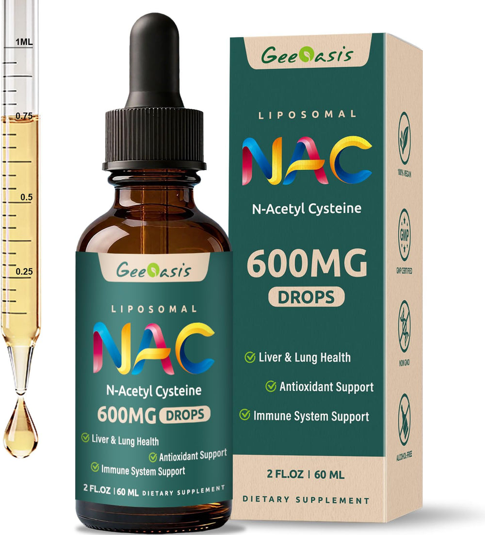 Geeoasis liposomal NAC drops bottle highlighting 600 mg and immune support