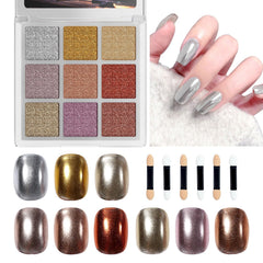 GELLAKTIK 9-color chrome nail powder palette with vibrant mirror finishes for salon-quality art.