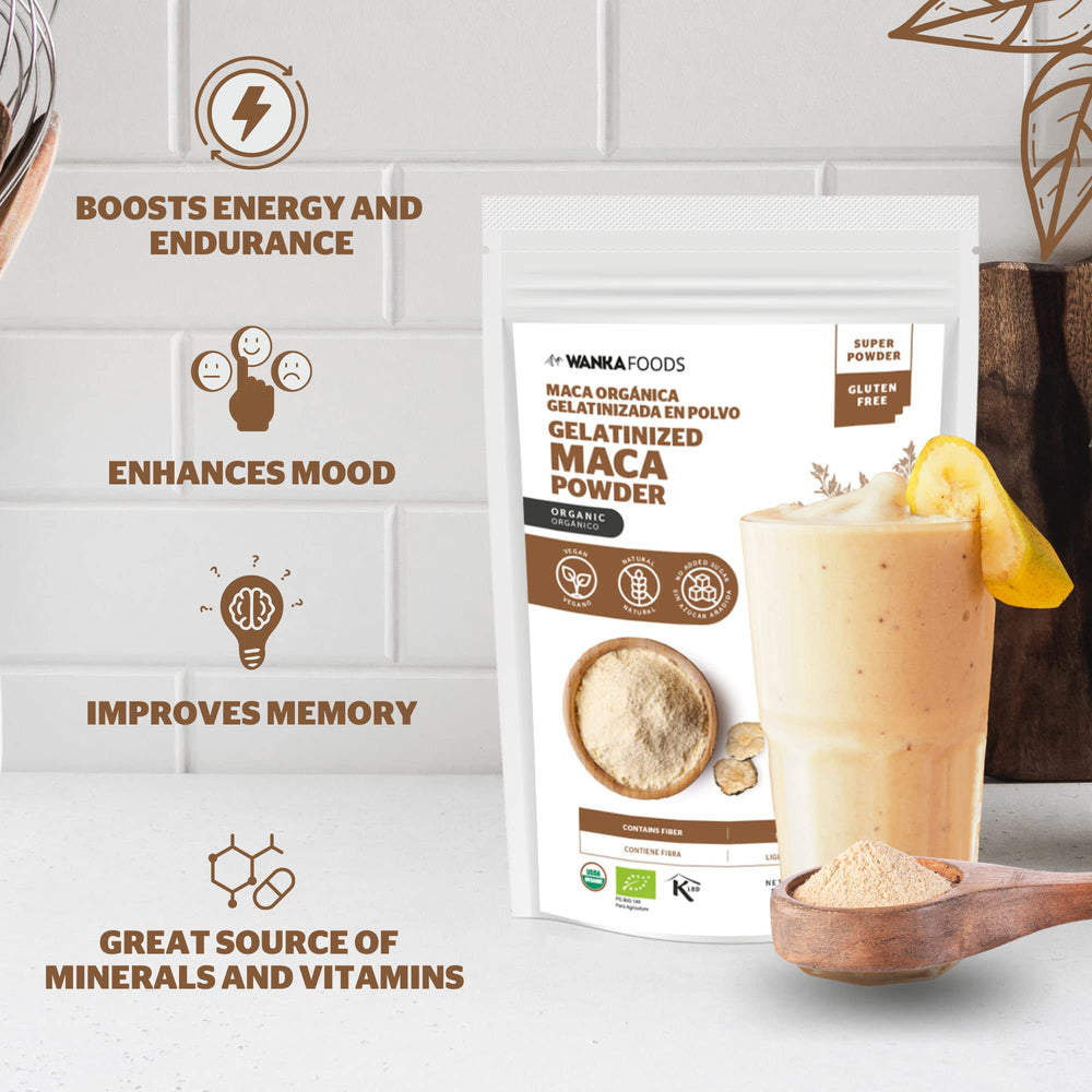 Gelatinized maca powder highlighting energy and endurance benefits
