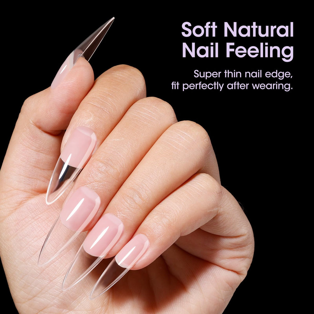 Clear full-cover tips offer durable extensions for everyday wear.