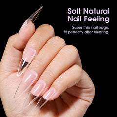 Clear full-cover tips offer durable extensions for everyday wear.