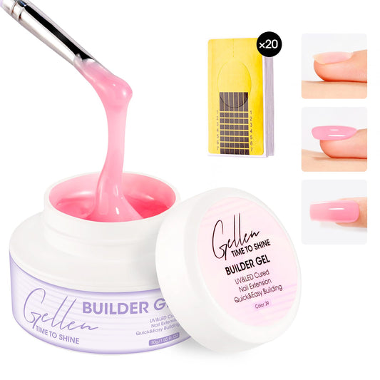 Gellen Builder Gel pink 30g with nail forms enables smooth extensions at home.