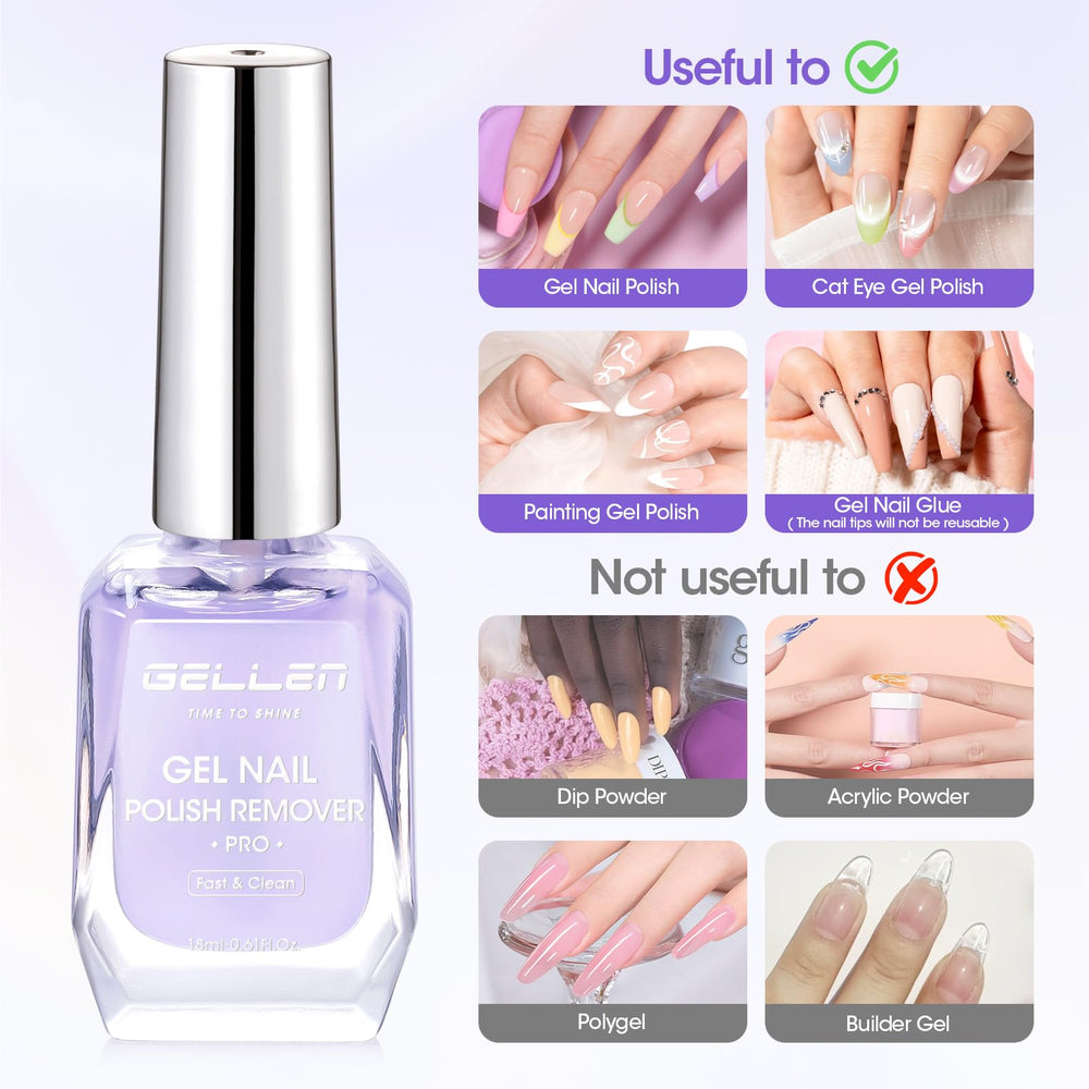 GELLEN gel nail remover with skin-safe formula helps protect nails while removing.