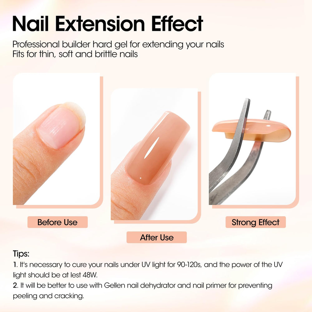 Gellen nude builder gel swatches showing natural color and smooth finish.
