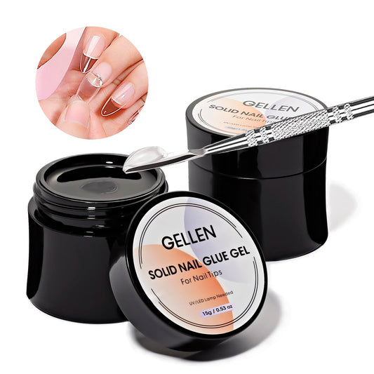 Gellen solid nail glue bottle closeup showing clear formula for reliable adhesion