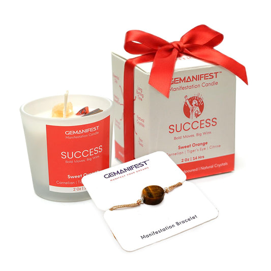 Gemanifest success manifestation candle closeup with Carnelian for confidence and focus