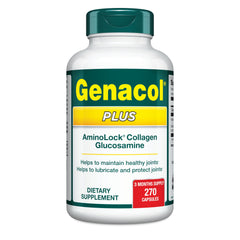 Genacol glucosamine and collagen bottle front signals joint support for daily activity.