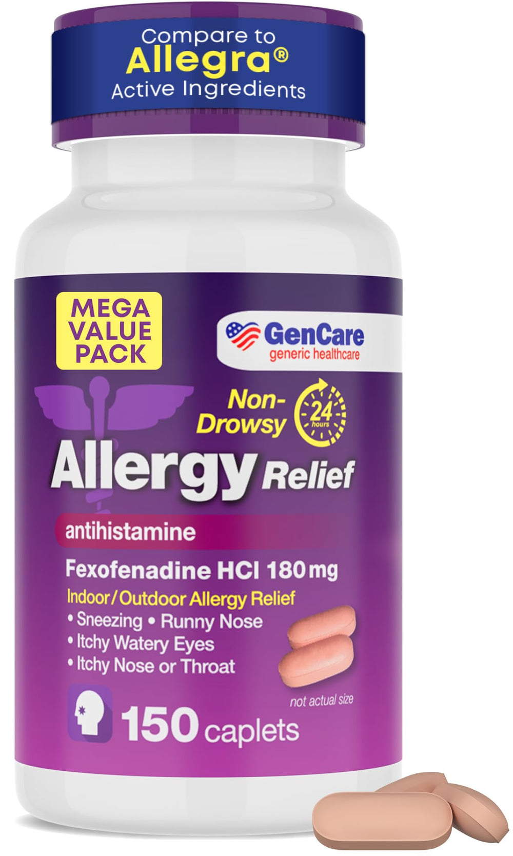 GenCare allergy relief bottle front showing 180 mg tablets for 24-hour non-drowsy relief.