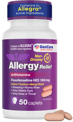 GenCare Allergy Relief bottle front shows 180 mg non-drowsy daily allergy support