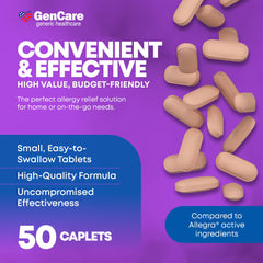 GenCare bulk-packaging image emphasizes savings on 50 tablets