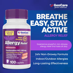 GenCare Allergy Relief Pill packaging highlights 100-count bottle for convenient daily use.