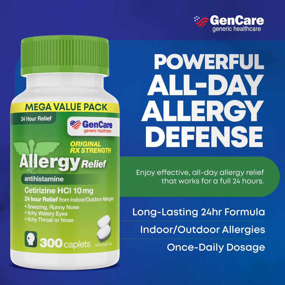 GenCare Cetirizine 300-caplets bottle showing non-drowsy daytime use