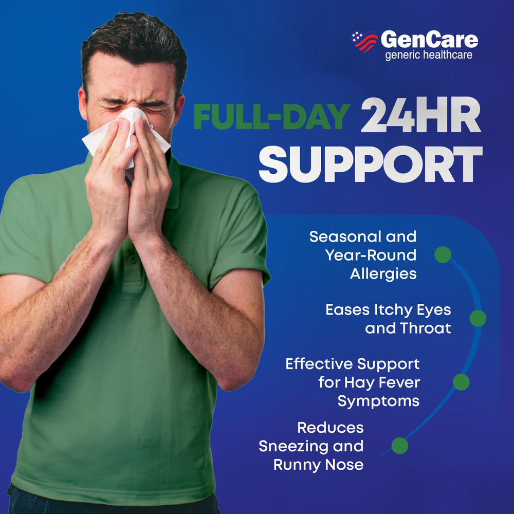 GenCare Cetirizine packaging label, USA-made quality