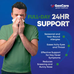 GenCare Cetirizine packaging label, USA-made quality