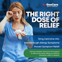 GenCare Cetirizine pills closeup, small and easy to swallow