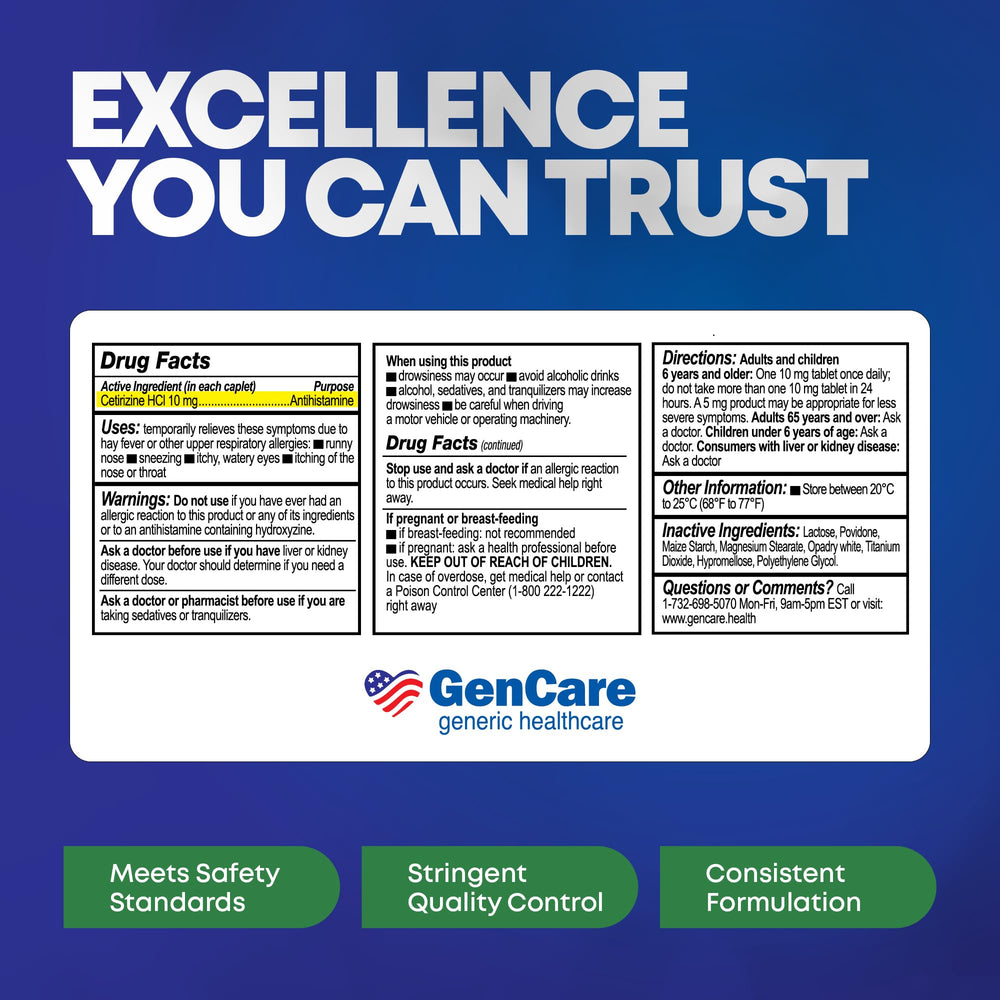 GenCare Cetirizine 10 mg bottle with safety labeling