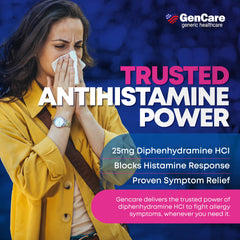 GenCare Diphenhydramine 25mg tablets closeup shows adult-dose option for congestion relief.