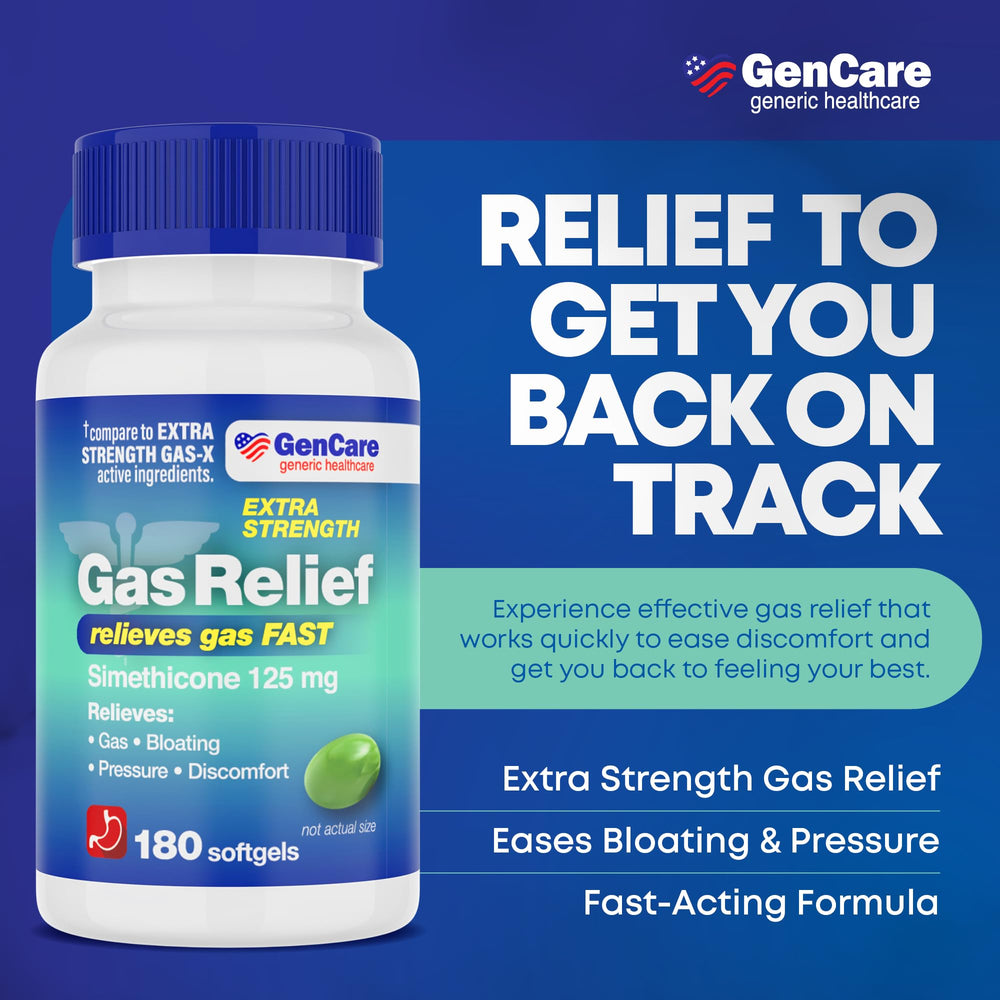 GenCare Gas Relief softgels closeup highlighting an easy-to-swallow form.