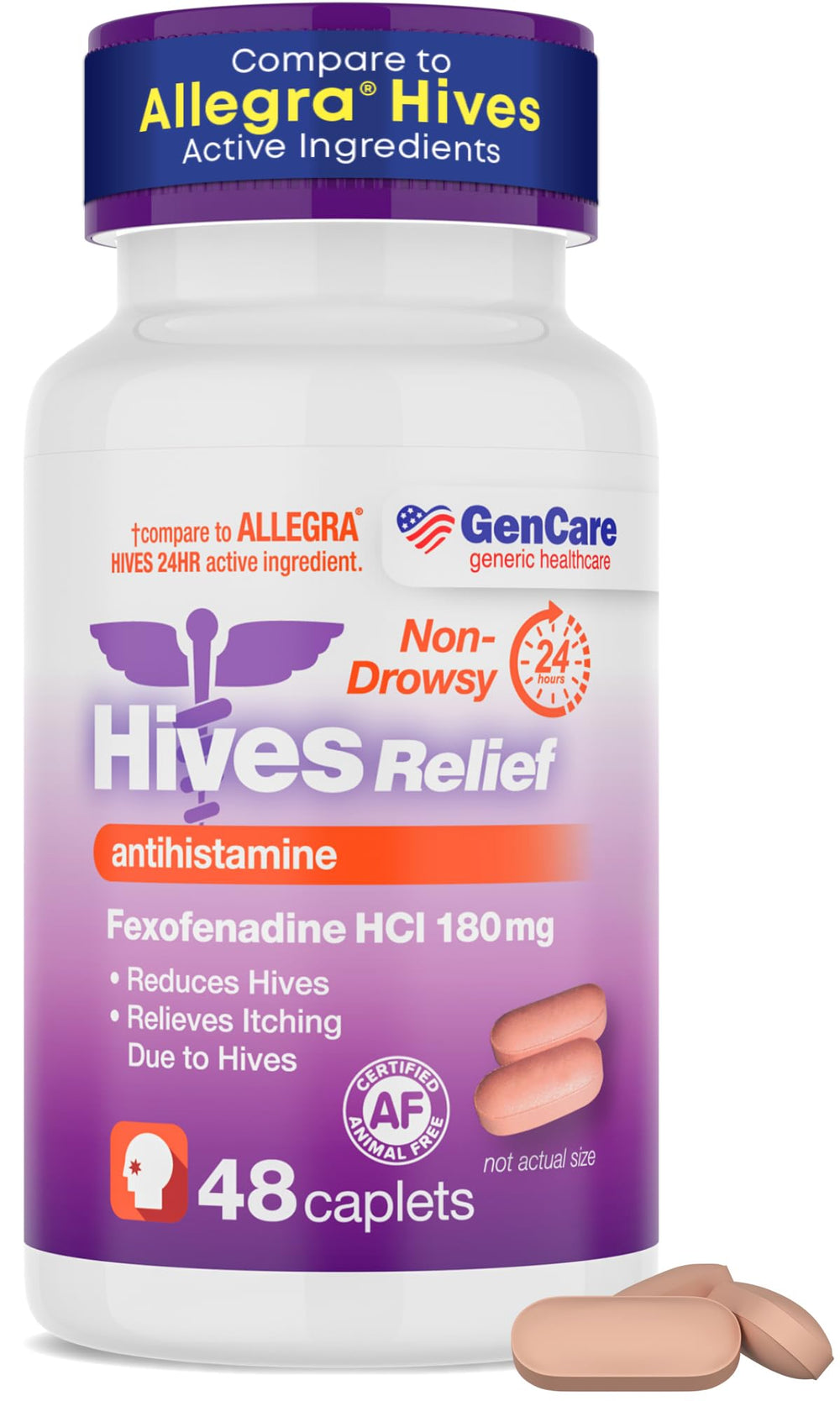 GenCare Hives Relief 48-count bottle showing all-day non-drowsy relief.