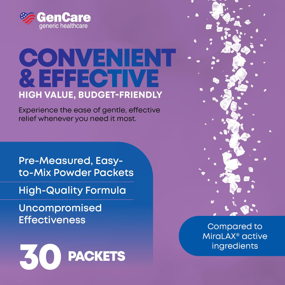 Travel-ready GenCare PEG 3350 packets tucked in a bag