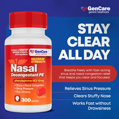 GenCare phenylephrine HCl 10mg tablet label highlights non-drowsy nasal relief use.