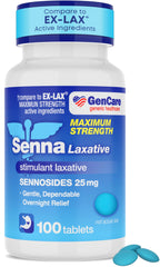 GenCare Senna 25mg tablets bottle for overnight relief and regularity support.