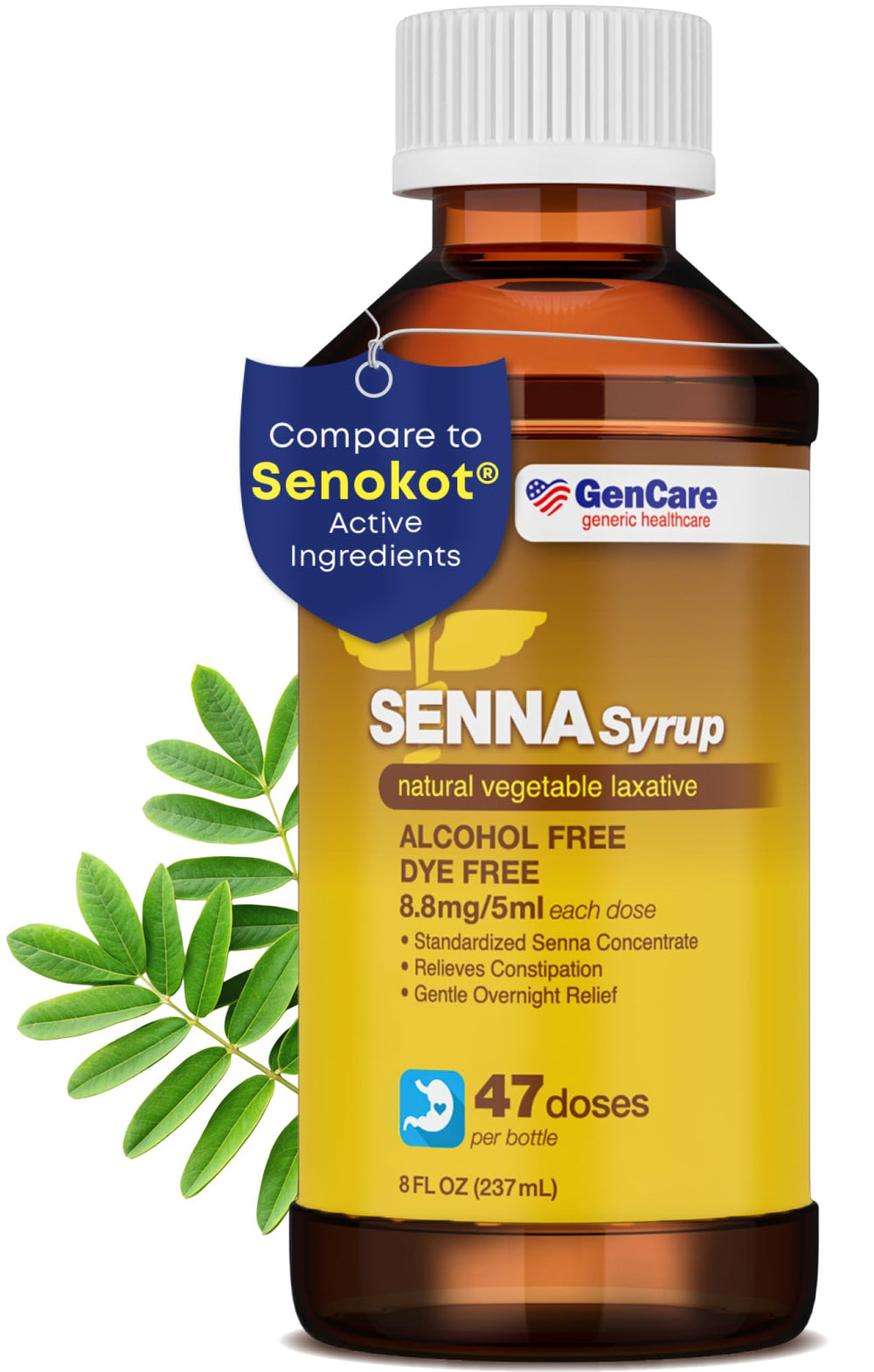 GenCare Senna Syrup bottle with ready-to-use liquid for overnight relief.