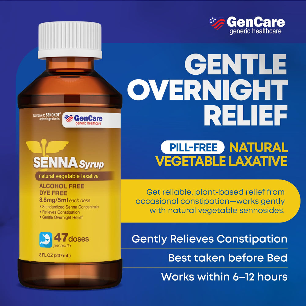 GenCare Senna Syrup being poured into a glass for easy ingestion.