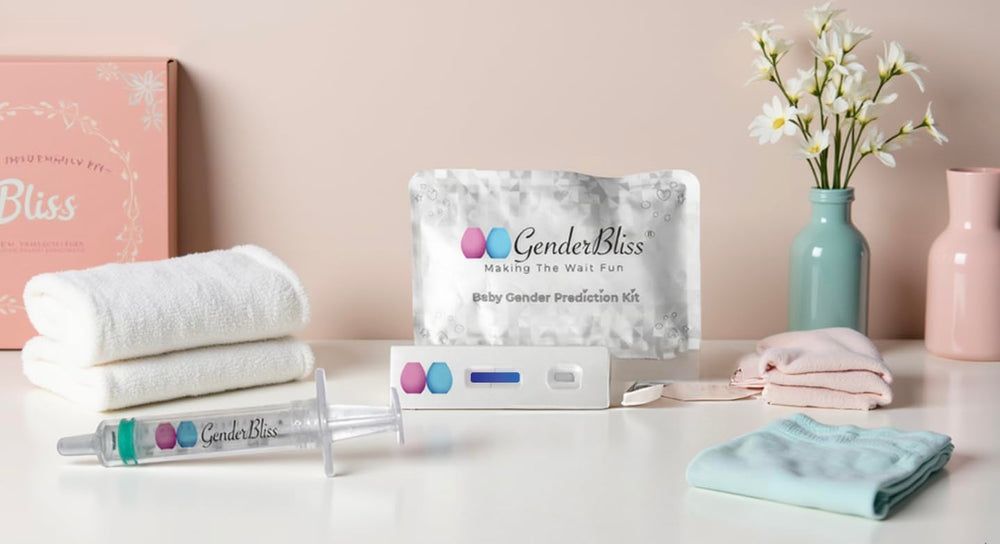 GenderBliss kit components and urine sample collection cup