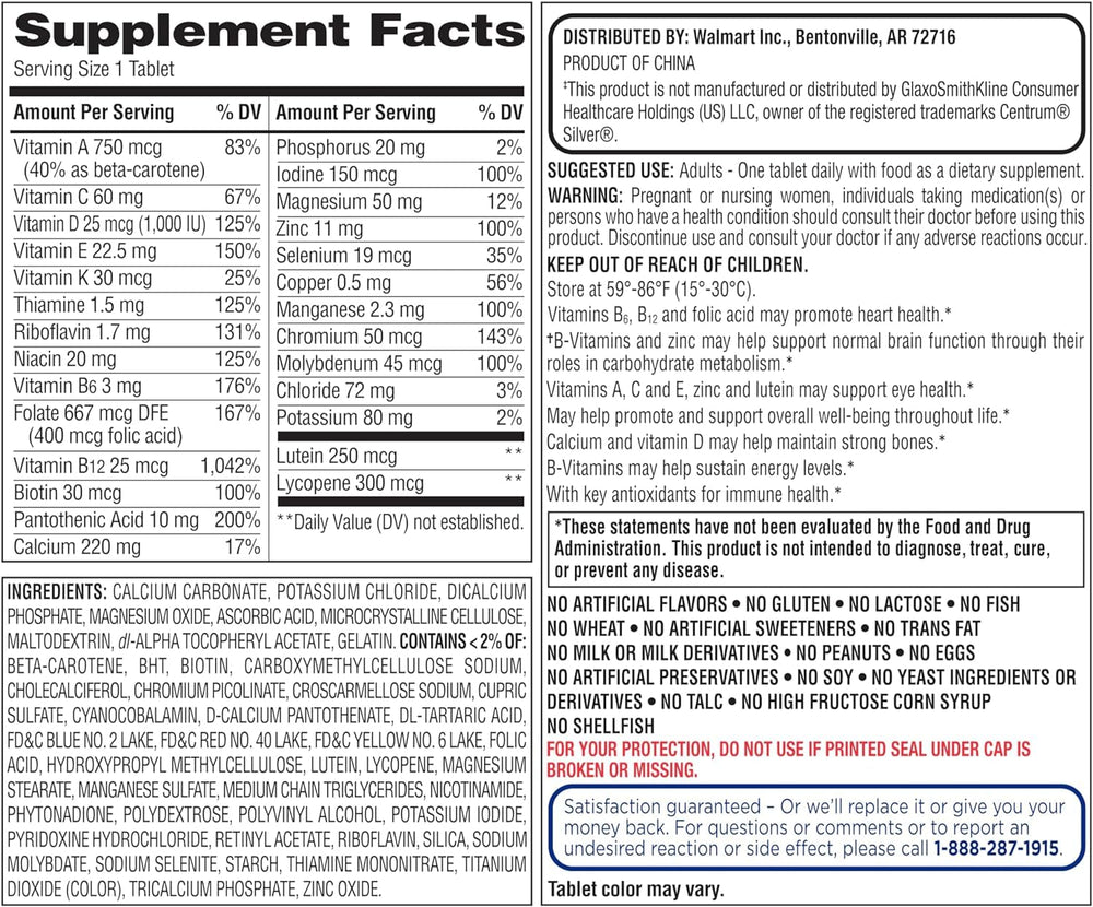 Nutrition label on Generic Equate 50+ multivitamin bottle