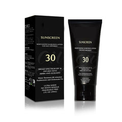 Generic Sunscreen bottle on melanin-rich skin showing SPF 30 protection