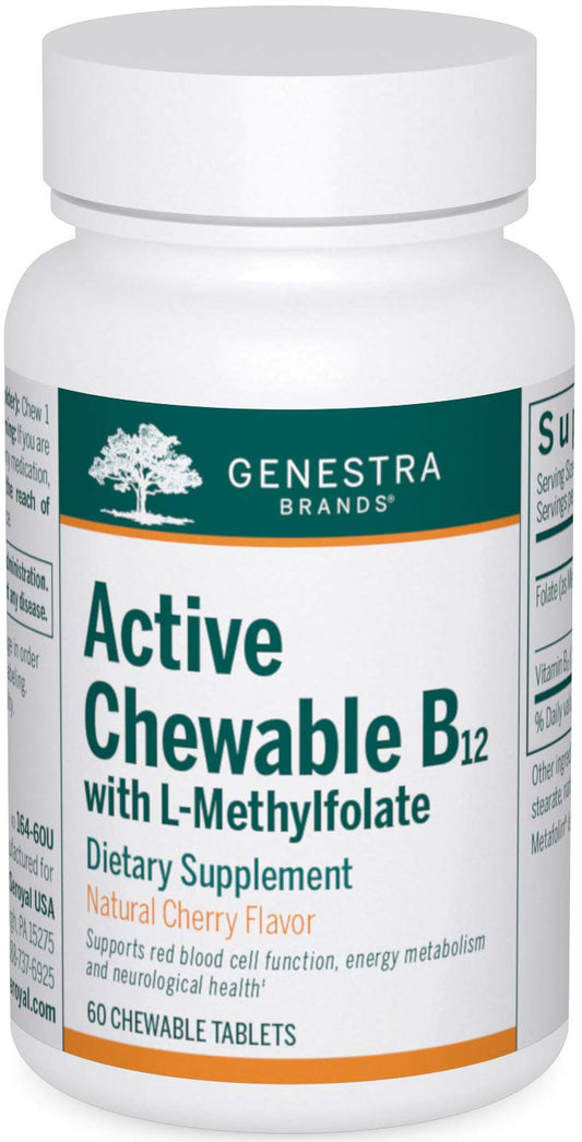 Genestra Active B12 with L-Methylfolate cherry-flavored chewable tablets bottle
