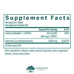 Close-up of Genestra B12 with L-Methylfolate chewable tablet