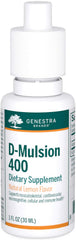 Bottle of Genestra D-Mulsion 400 liquid vitamin D drops with natural lemon flavor